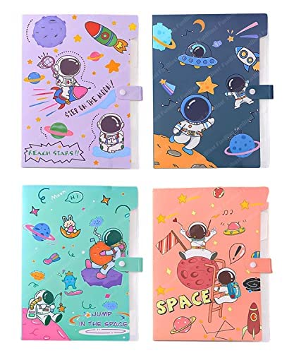 File Folder A4 Paper With Button Lock Pack Of 4 Pcs Certificates Holder With 6 Pockets, Office Documents File, Expandable Folders For Documents, Multicolor(Space Unicorn themes) Perfect for return gift - Toy Temple