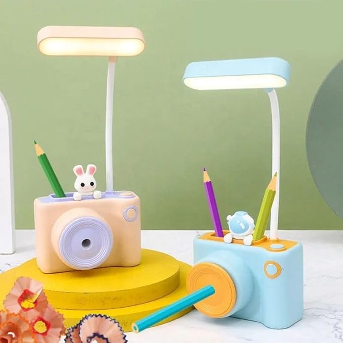 Camera Shaped Pastel Color 3 in-1 Night lamp with Sharpener, Pen Holder Cute Character Pen Stand, LED Chargeable Lamp - Toy Temple