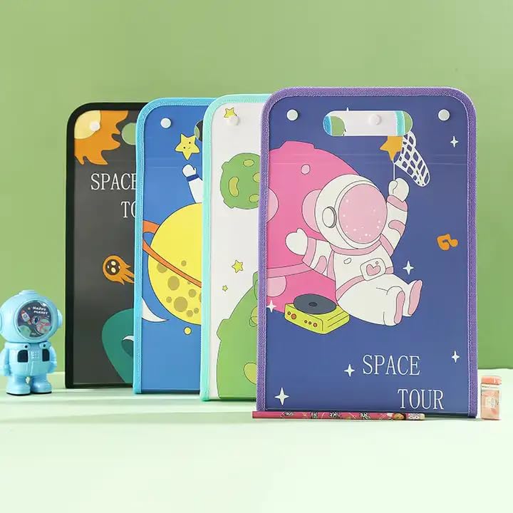 Piano Shape File Folder with Button Lock and Handle – Space Theme Certificates Holder with 12 Pockets, Office Documents File, A4 Size Expandable Folders for Documents (Pack of 1; Random Color) (Space or Uncorn print Print) - Toy Temple