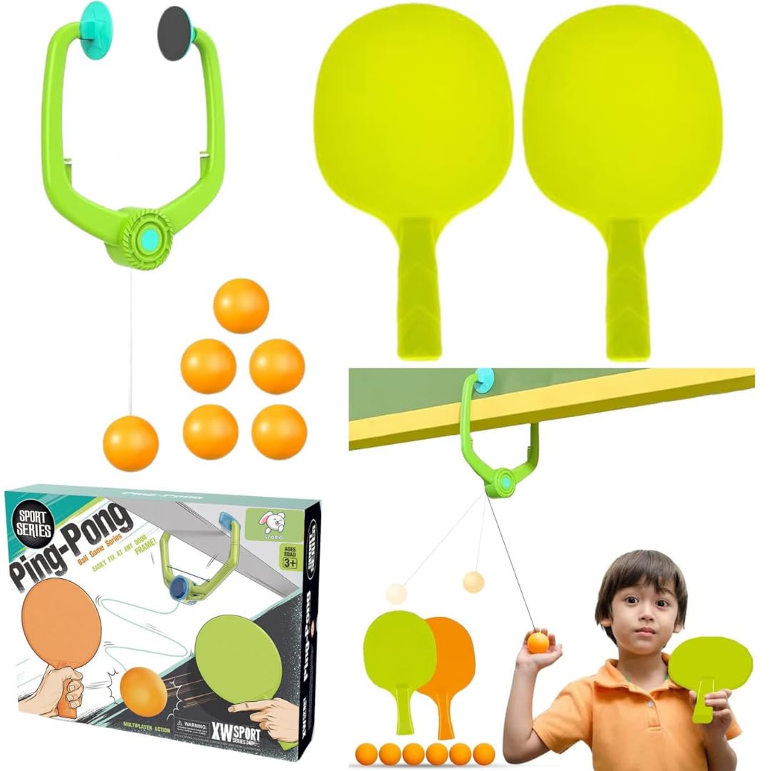 Hanging Table Tennis Trainer Ball Set Ping Pong Indoor Games for Kids | Interactive Fun with 2 Rackets and 5 Balls - Toy Temple