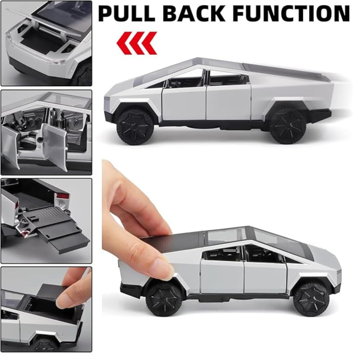 1:36 Tesla CyberTruck Model Car Exclusive Alloy Metal Pull Back Die-cast Car Diecast Metal Toy car with Openable Doors & Light Music (Color as per Stock) - Toy Temple