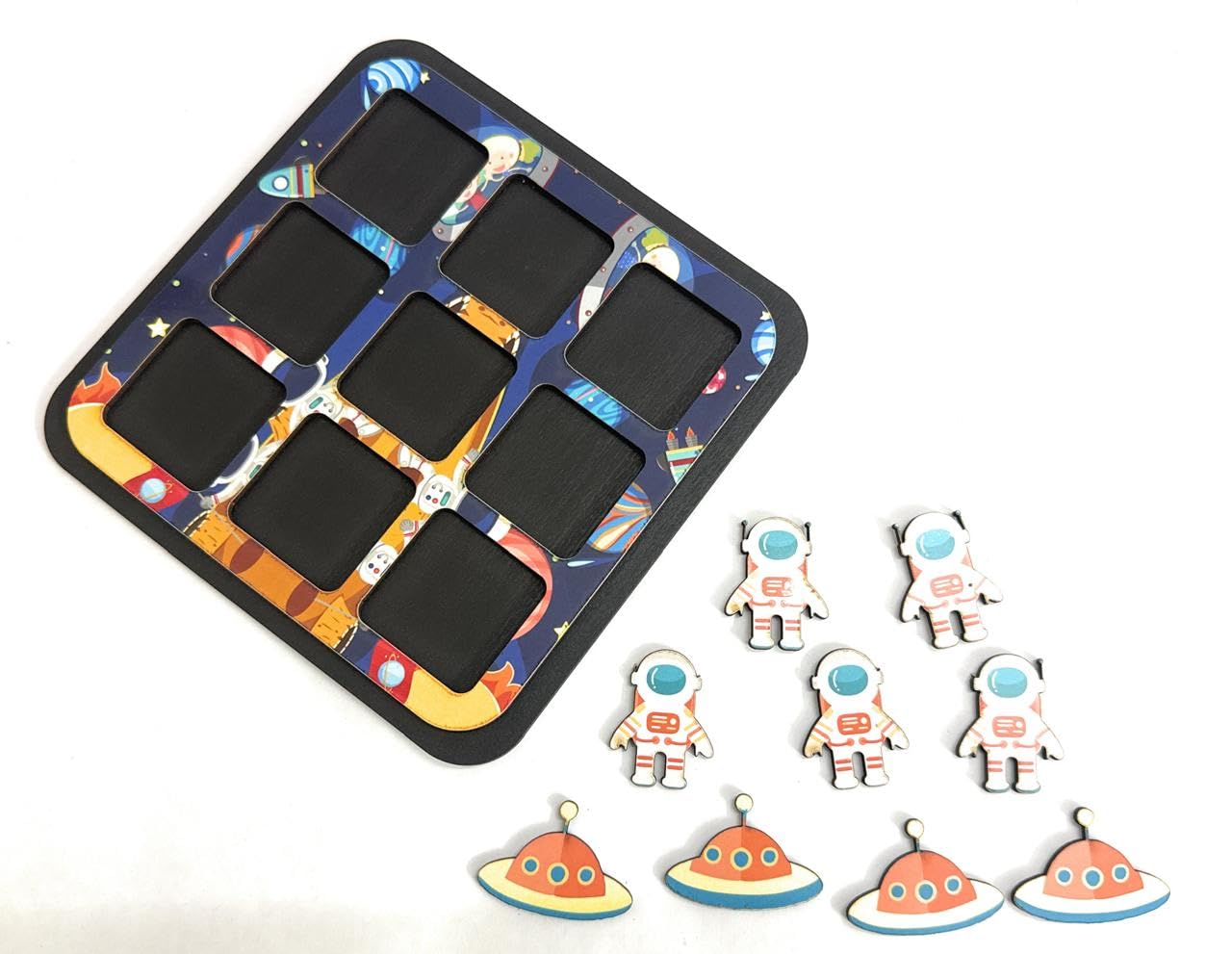 Wooden Tic Tac Toe Game - Classic Board Game for Adults and Kids - Brain Development Toy for Ages 3+ - Ideal Return Gift and Educational Game (Space)