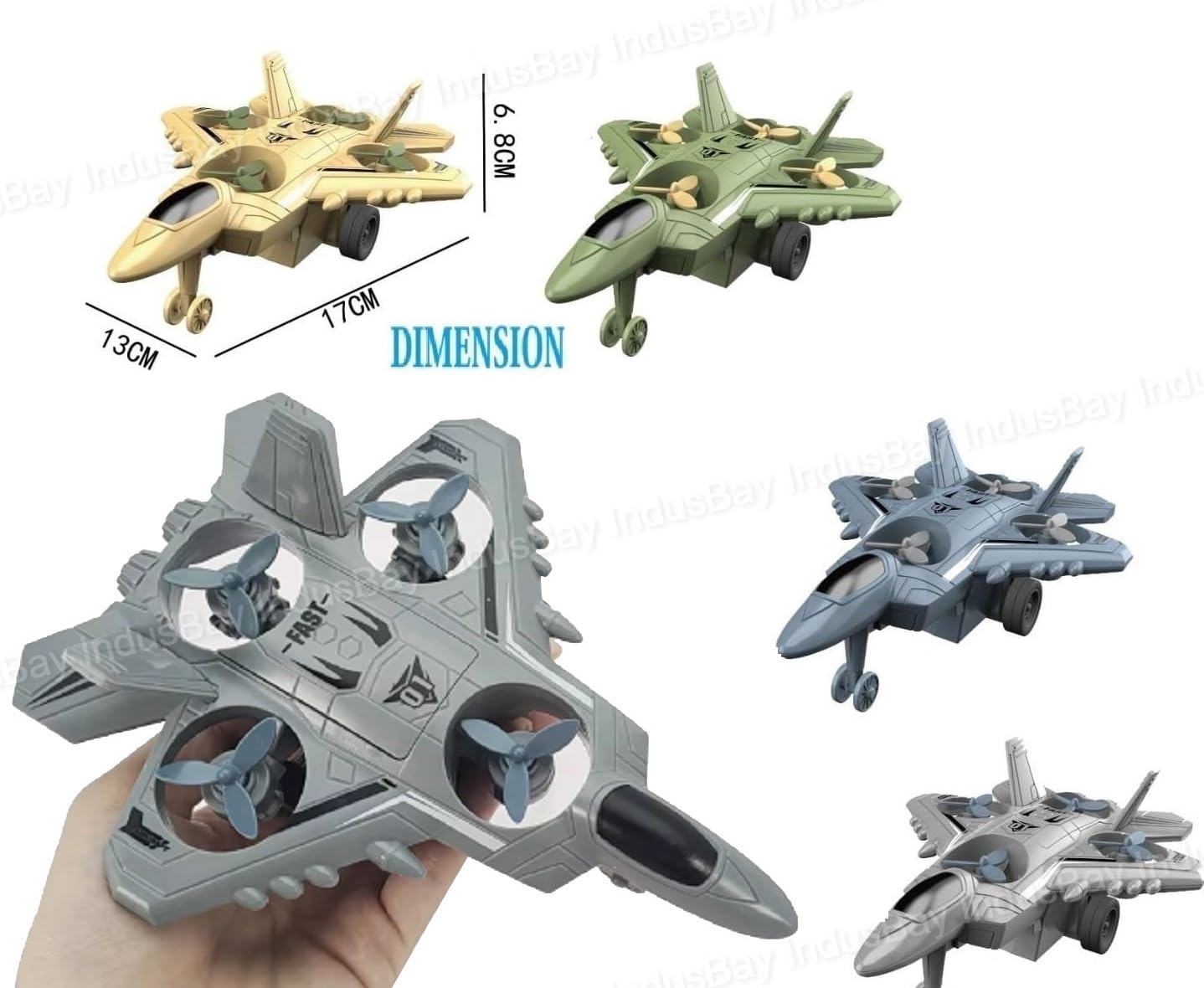 6.6 Inch Inertia Friction Army Fighter Jet Unbreakable Toy with Rotating Fans, Aircraft Toys for Kids, Blue, Push Aircraft - Toy Temple