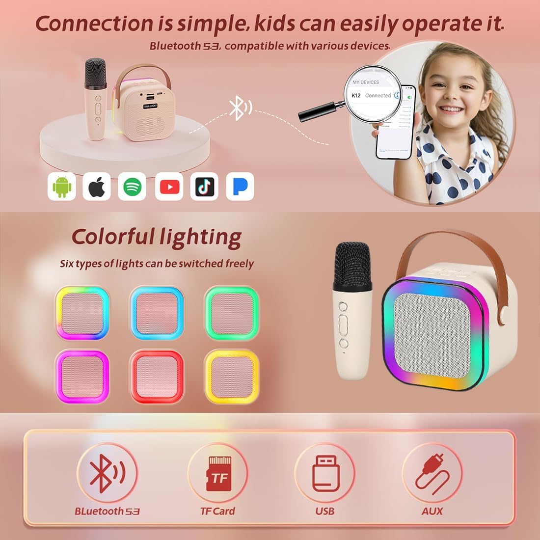 Karaoke Machine for Kids Adults, Mini Portable Blue-Tooth Karaoke Speaker with Wireless Microphone and Dynamic Lights Birthday Gift Home KTV Outdoor Travel (Multicolor) (1) - Toy Temple