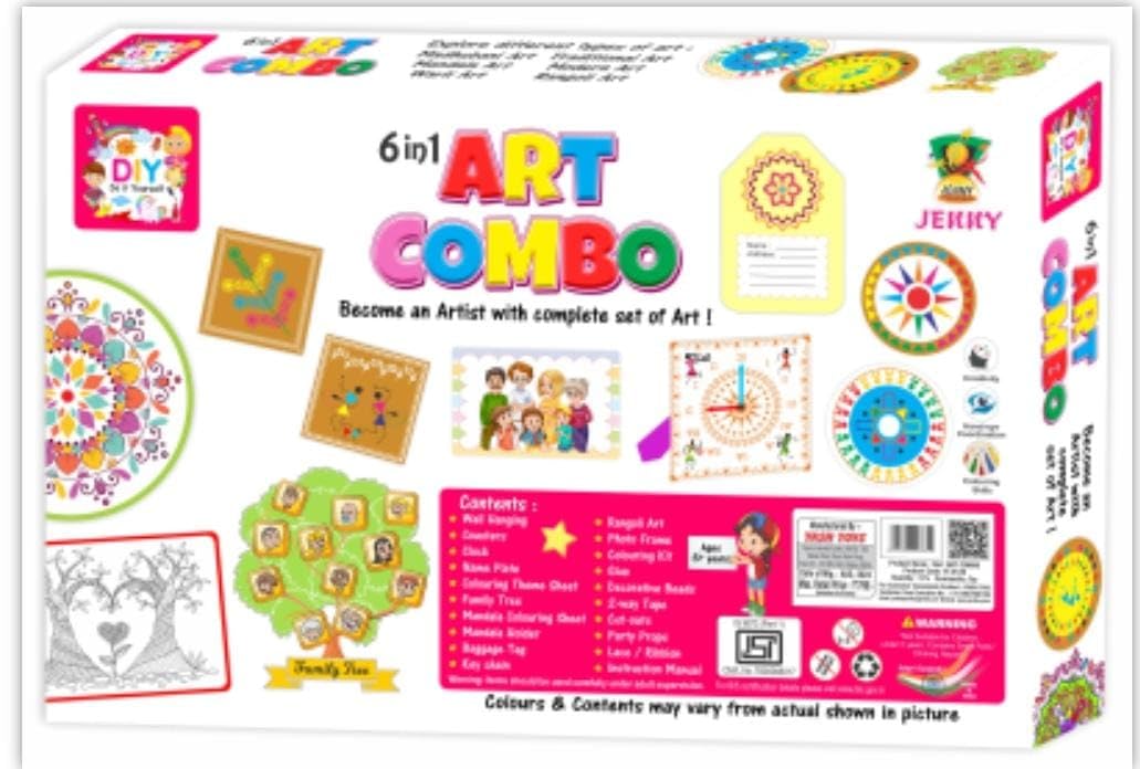 6-in-1 Art Combo Set, DIY Craft Kit for Kids, Includes Painting, Colouring, Stencils, Frames, Beads, and More