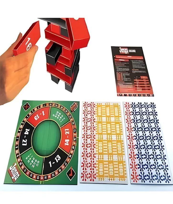 Tumbing Tower Casino Game with Roulette Table Gameboard and Casino Chips