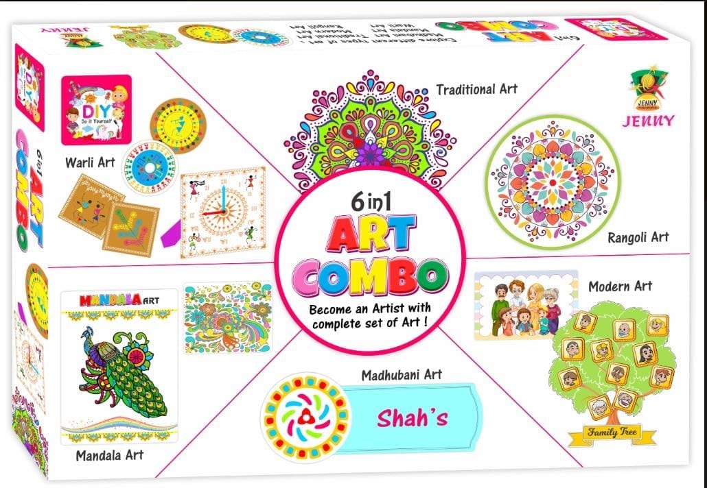 6-in-1 Art Combo Set, DIY Craft Kit for Kids, Includes Painting, Colouring, Stencils, Frames, Beads, and More