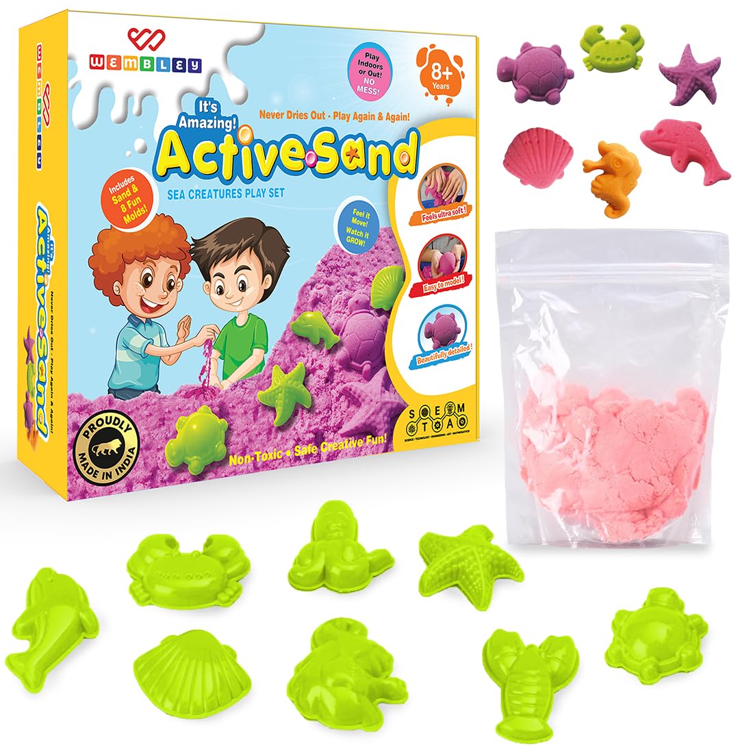 Active Sand Art For Kids Craft Activity Kit | Easy To Shape | Kinetic Sand For Kids With Moulds 8 Different Shapes | Satisfying Clay Pit Indoor Games | Multicolor