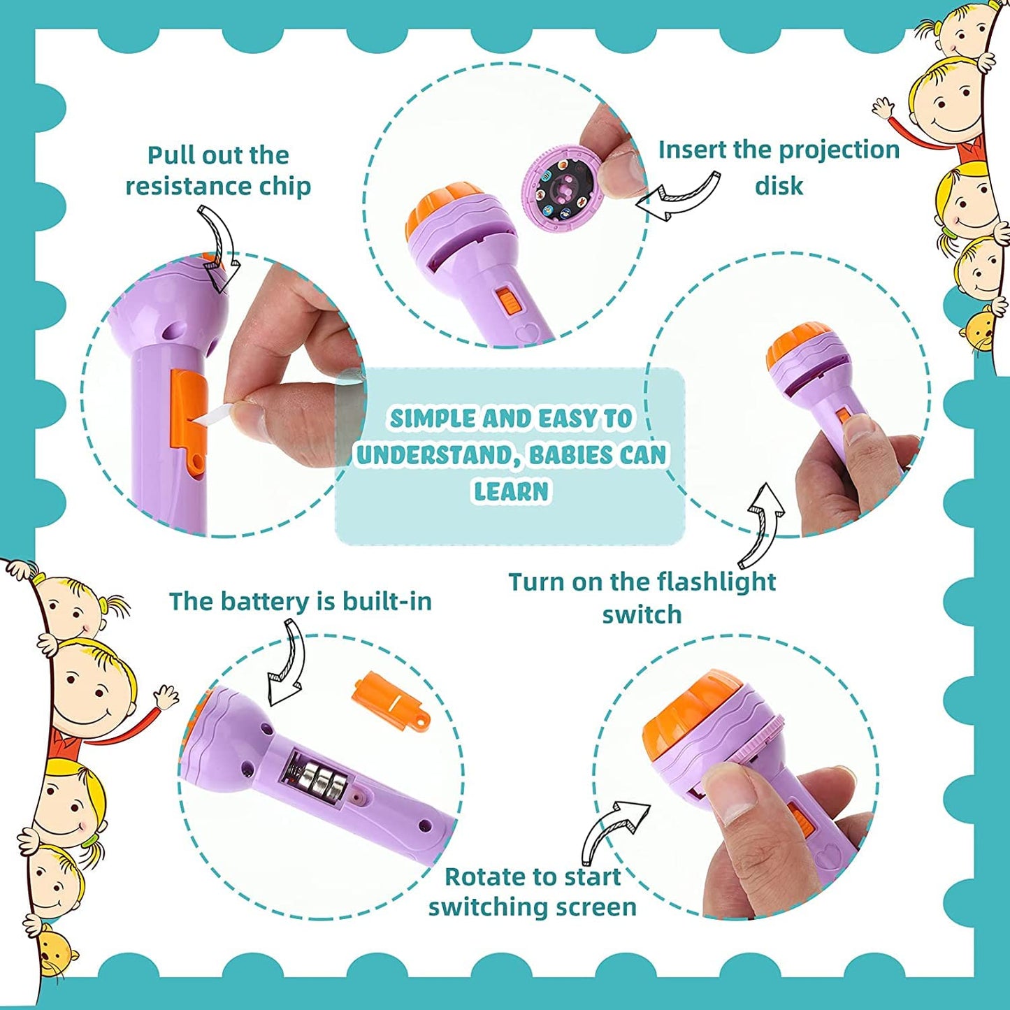 Mini Projector Torch Toy with 3 Slides, 24 Patterns - Safe, ABS Material, Easy, Creative Learning & Bedtime Stories, Transform to Night Light for Ultimate Comfort - Toy Temple