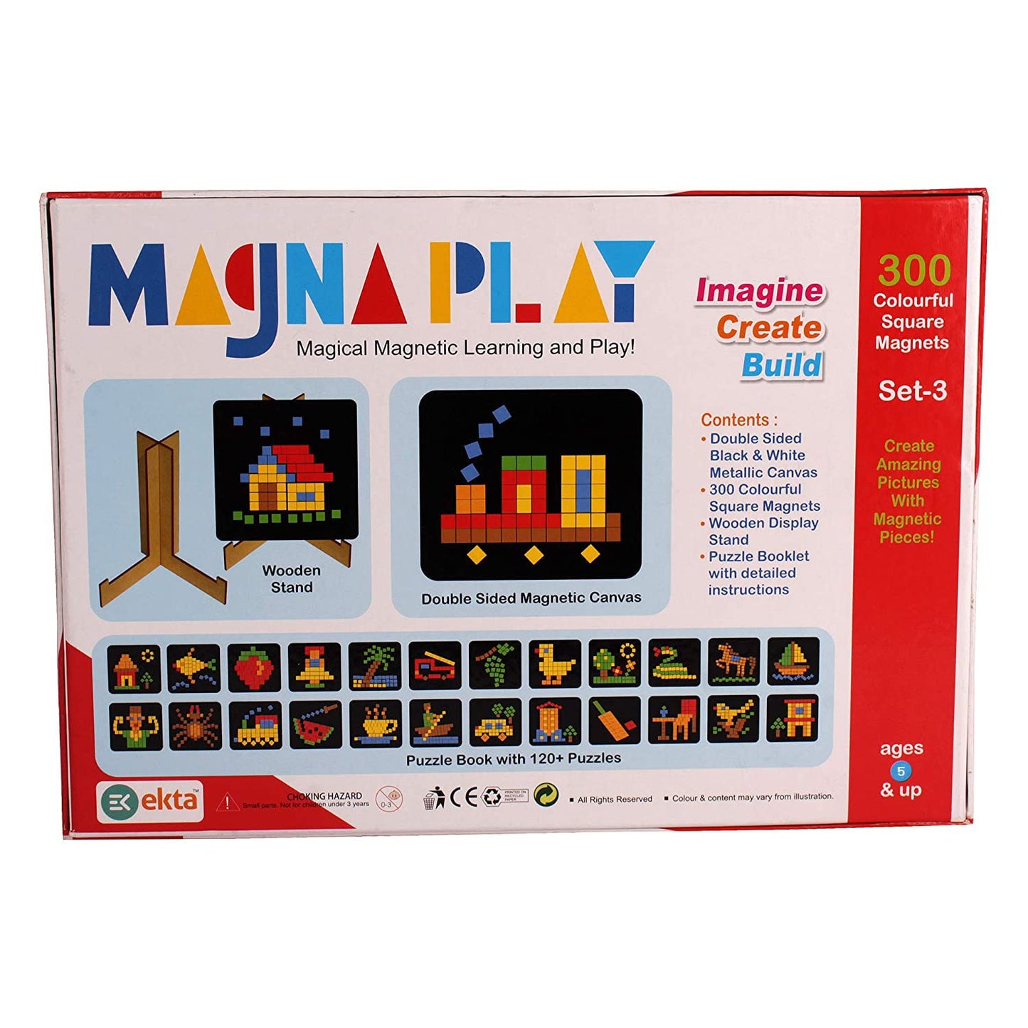 Magna Play Set-3 with Wooden Stand, 300 Colourful Square Magnets, 400+ Different Puzzles, Imagine/Create/Build, Magical Magnetic Learning and Play for Childrens