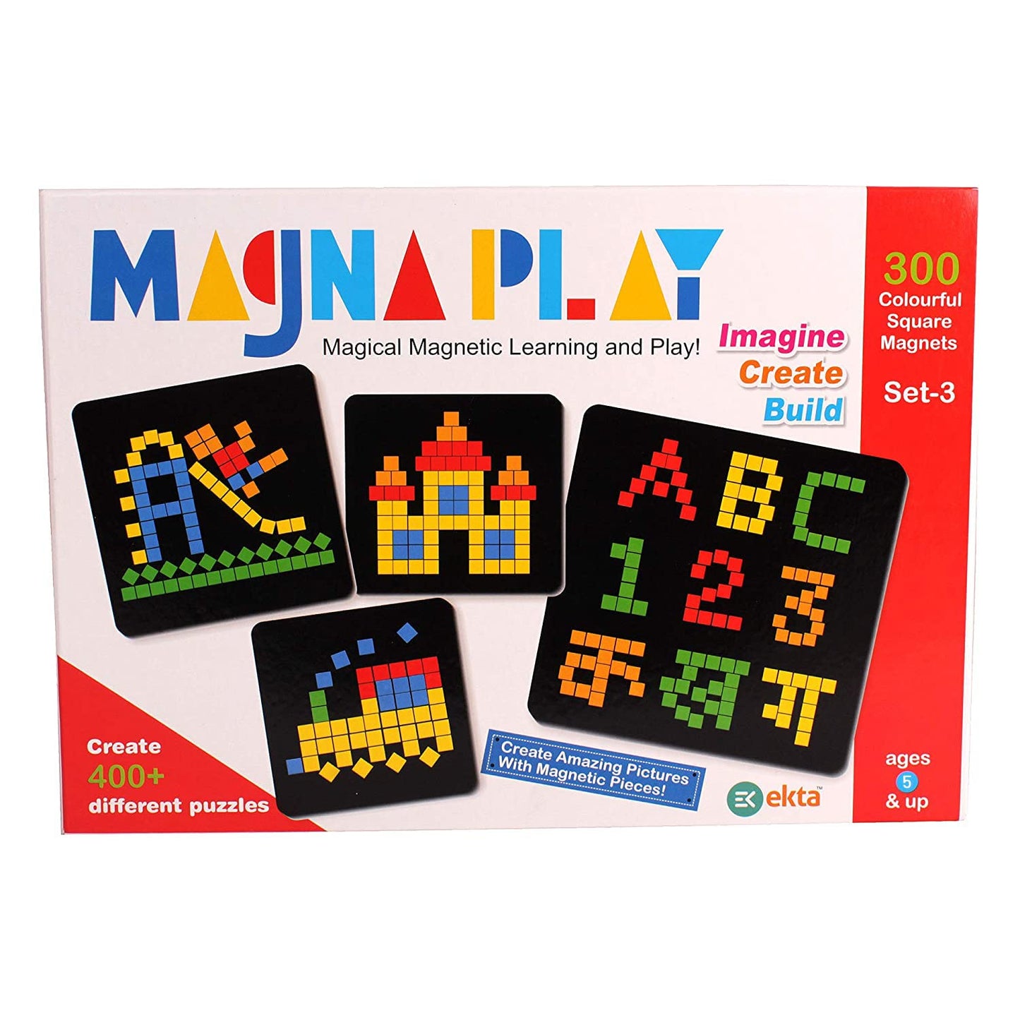 Magna Play Set-3 with Wooden Stand, 300 Colourful Square Magnets, 400+ Different Puzzles, Imagine/Create/Build, Magical Magnetic Learning and Play for Childrens
