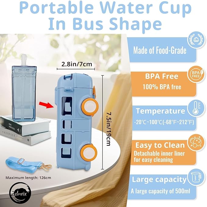 Bus Water Bottle For Kids With Strap, Sipper, & Straw | Leakproof, Bpa Free With Sipper and Lock, 500 Ml| Car Water Bottle For Kids | Cute Bus Shaped Water Bottle - Toy Temple