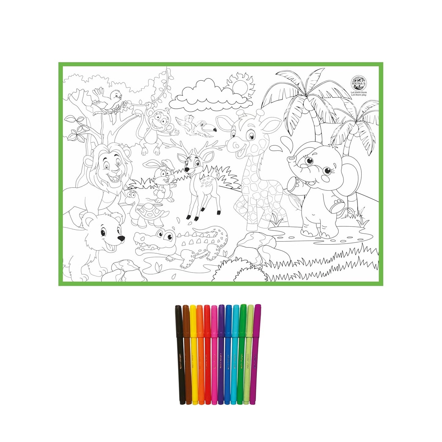 My Coloring Mat Jungle Printed Mat of Size 40 x 27 Inches, Washable & Reusable Colouring Kit for Kids 3+ Years