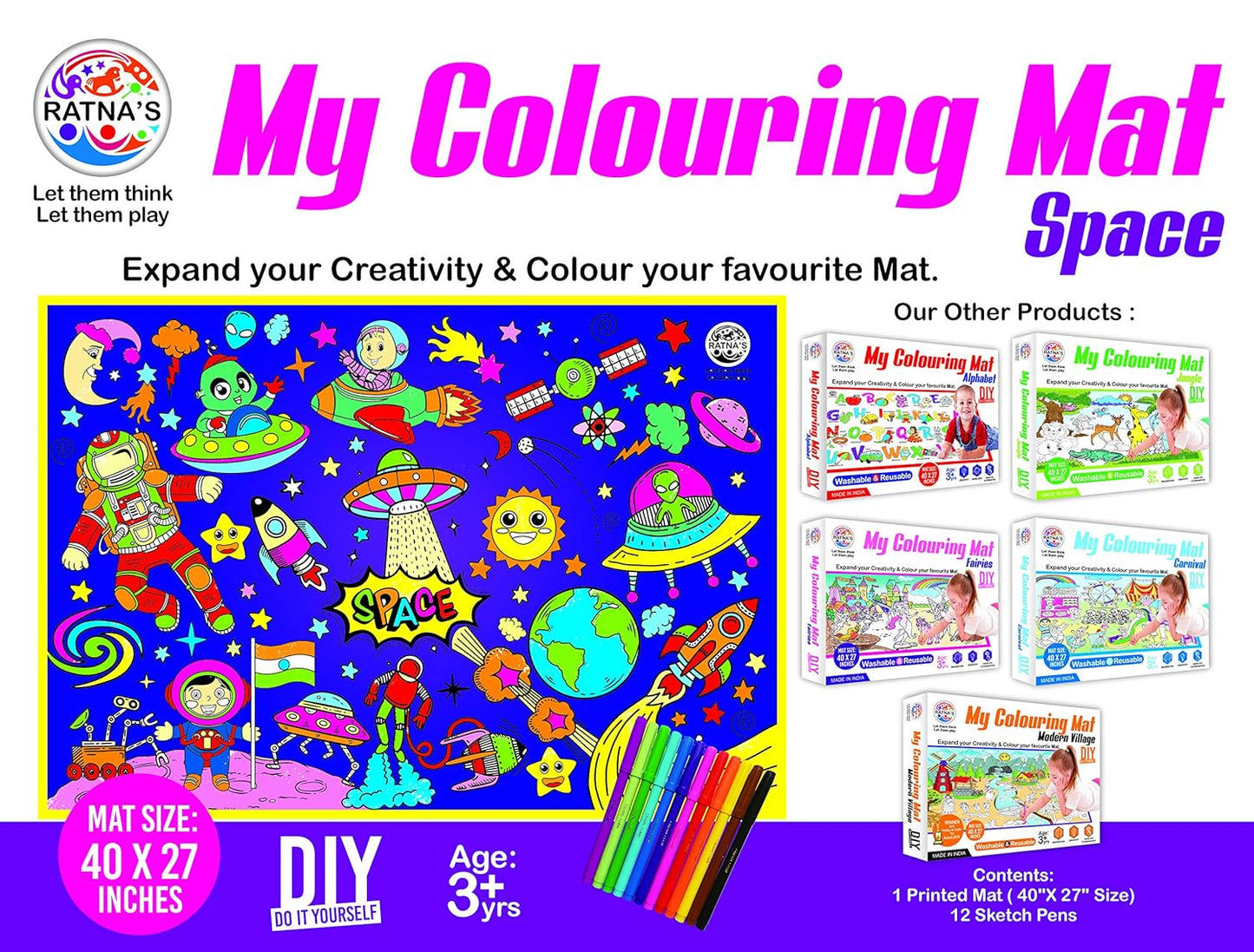My Coloring Mat Space Printed Mat of Size 40 x 27 Inches, Washable & Reusable Colouring Kit for Kids 3+ Years