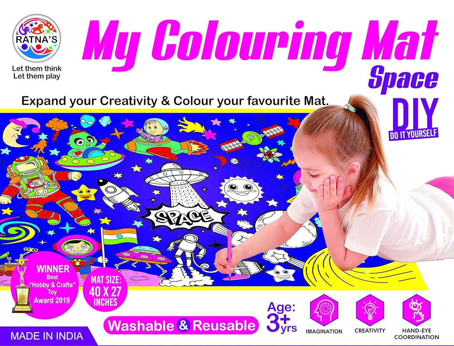 My Coloring Mat Space Printed Mat of Size 40 x 27 Inches, Washable & Reusable Colouring Kit for Kids 3+ Years