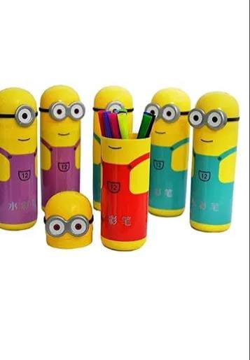 ToyTemple Minion Pencil Case with 12 Color Pens and Mario Cartoon Pencil Box Stationary Kit for Kids - Toy Temple