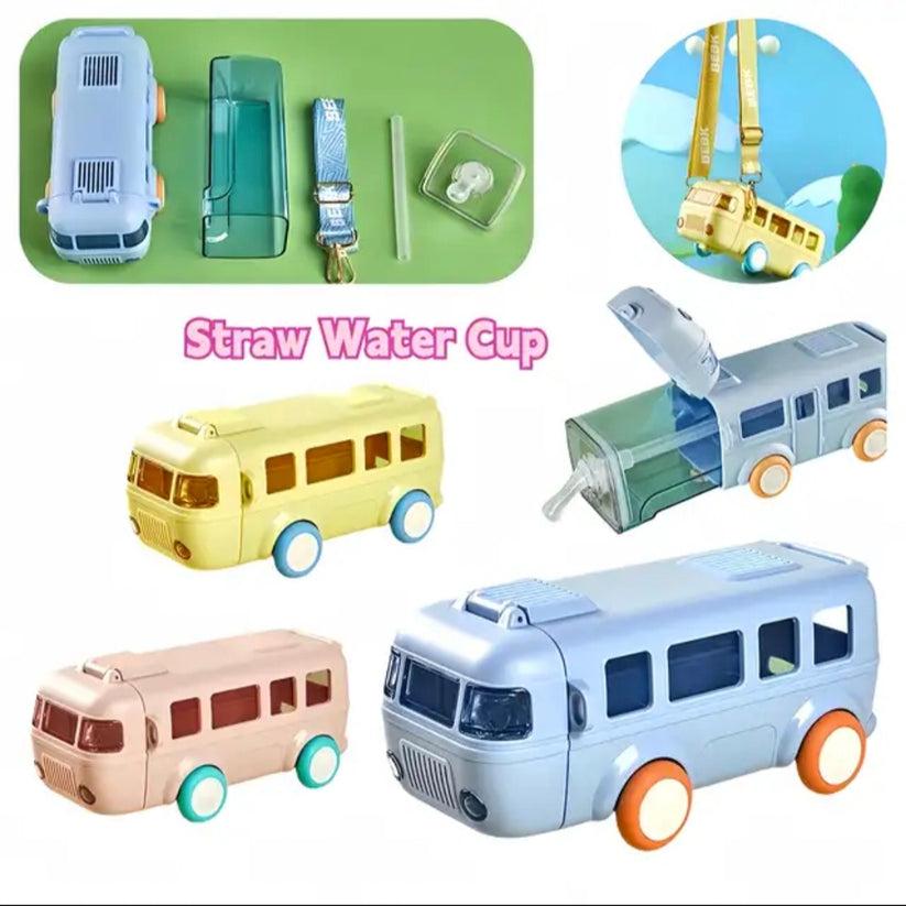 Bus Water Bottle For Kids With Strap, Sipper, & Straw | Leakproof, Bpa Free With Sipper and Lock, 500 Ml| Car Water Bottle For Kids | Cute Bus Shaped Water Bottle - Toy Temple