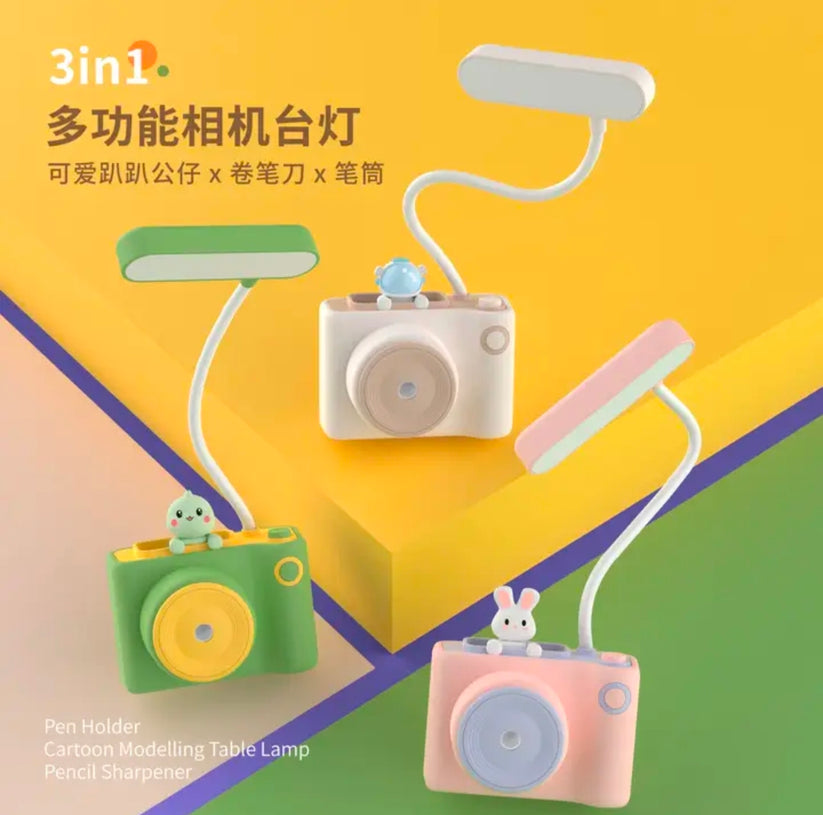Camera Shaped Pastel Color 3 in-1 Night lamp with Sharpener, Pen Holder Cute Character Pen Stand, LED Chargeable Lamp - Toy Temple